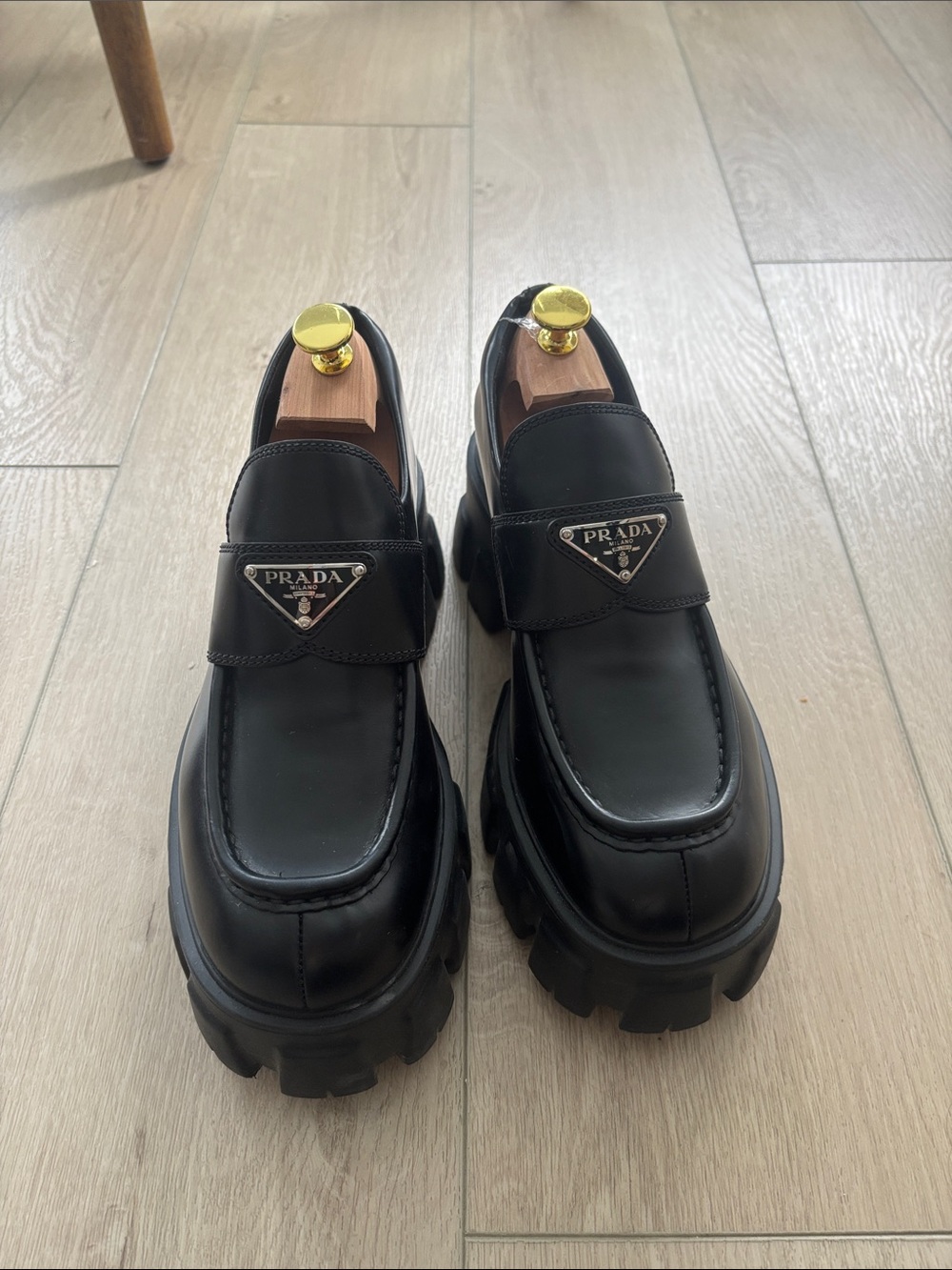 Prada Black Leather Lug-Sole Slip-On Loafers